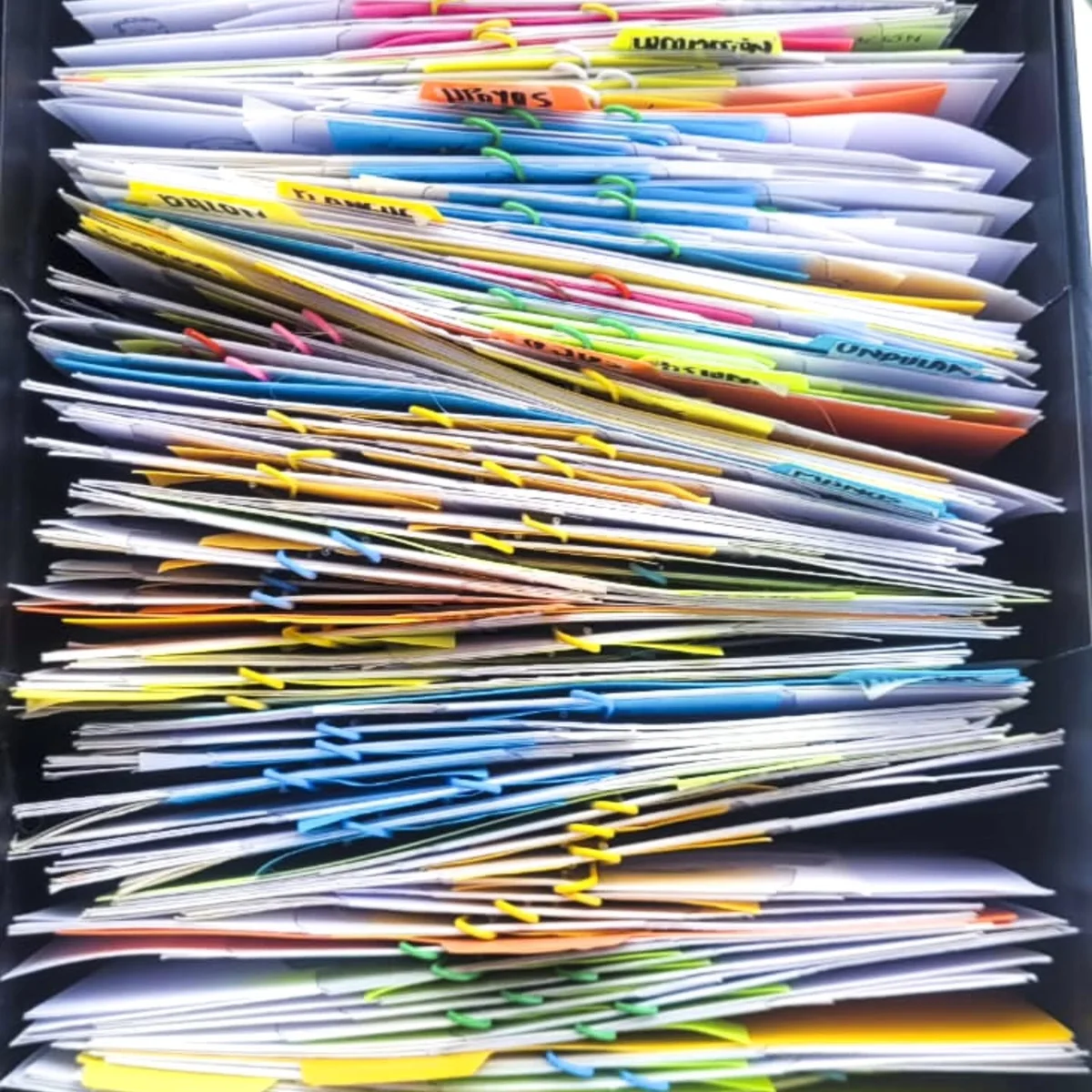 Fichas de Portulanos ordenadas con separadores y clips de colores
