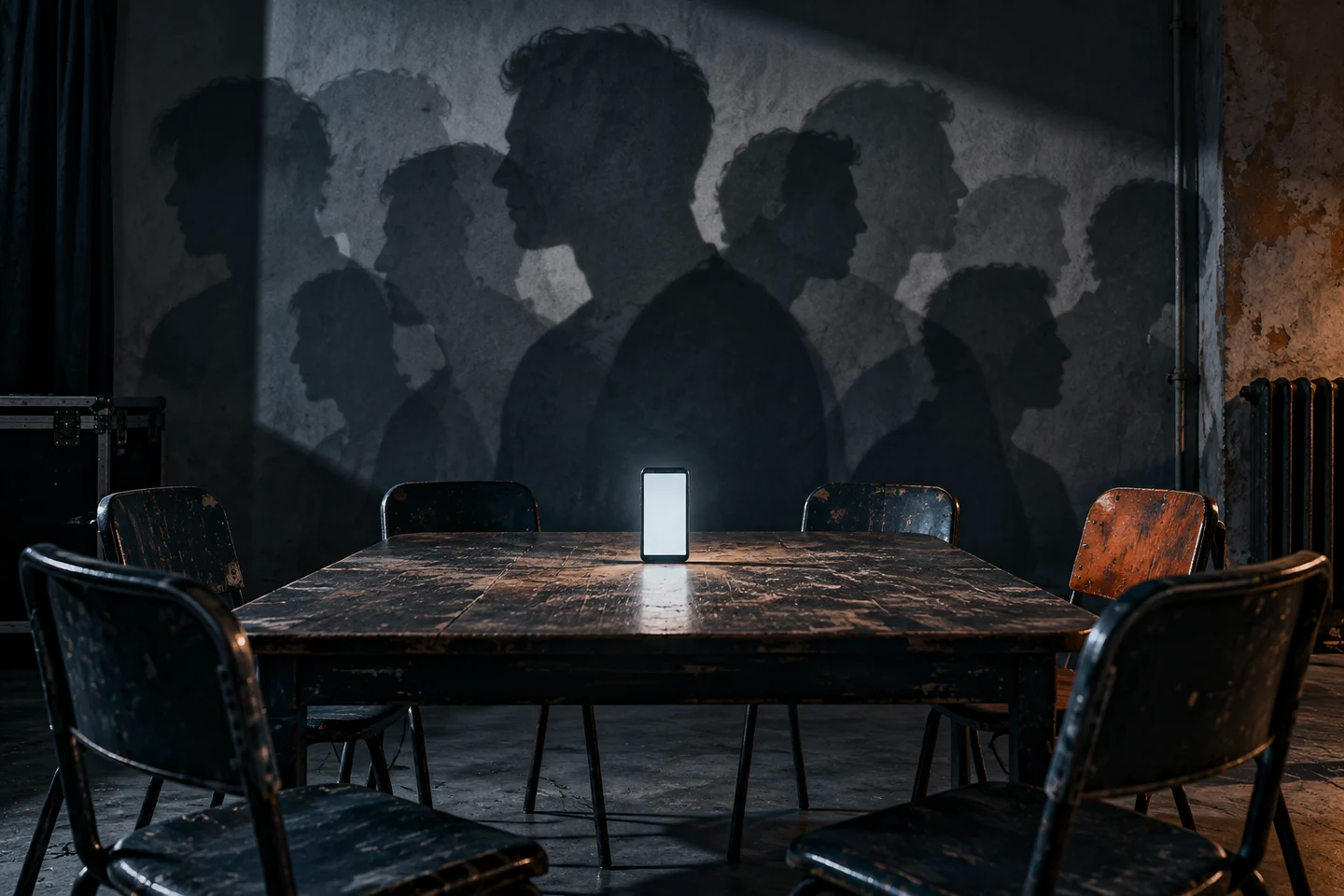 Escena conceptual: un teléfono y sombras masculinas en una sala vacía